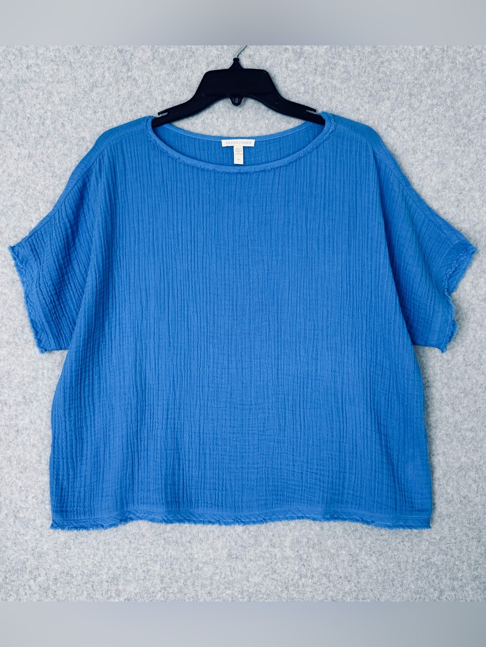 Eileen Fisher Blue Organic Cotton Lofty Gauze Boxy Top Frayed Hem Bateau Small